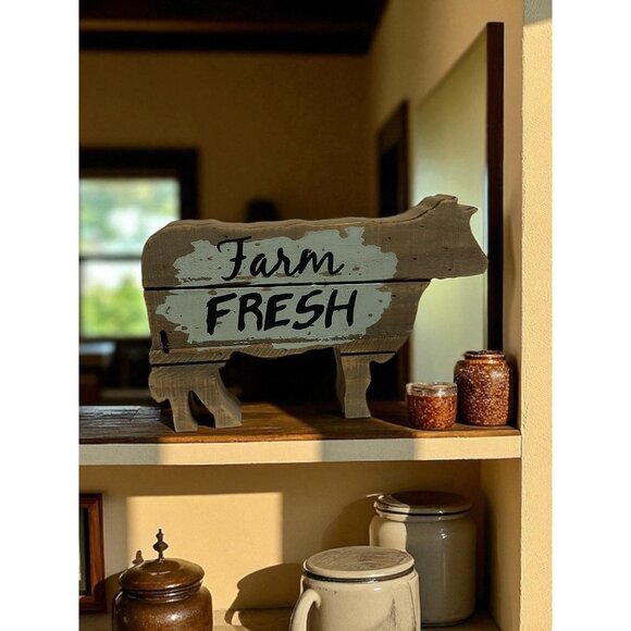 Farm Fresh Cow-Shaped Wooden Decor Sign Rustic Farmhouse Style - Picture 2 of 7
